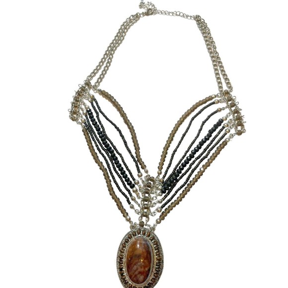 Large Pendant Necklace with 7 strands in Brown Black, with Faux Tiger Ey… - Picture 1 of 6